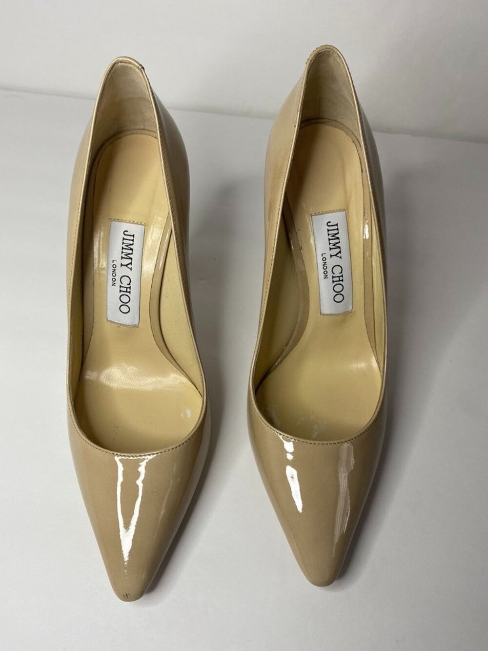 Jimmy Choo Romy Pumps Pointy Toe Beige Nude Patent Leather Heels Shoes